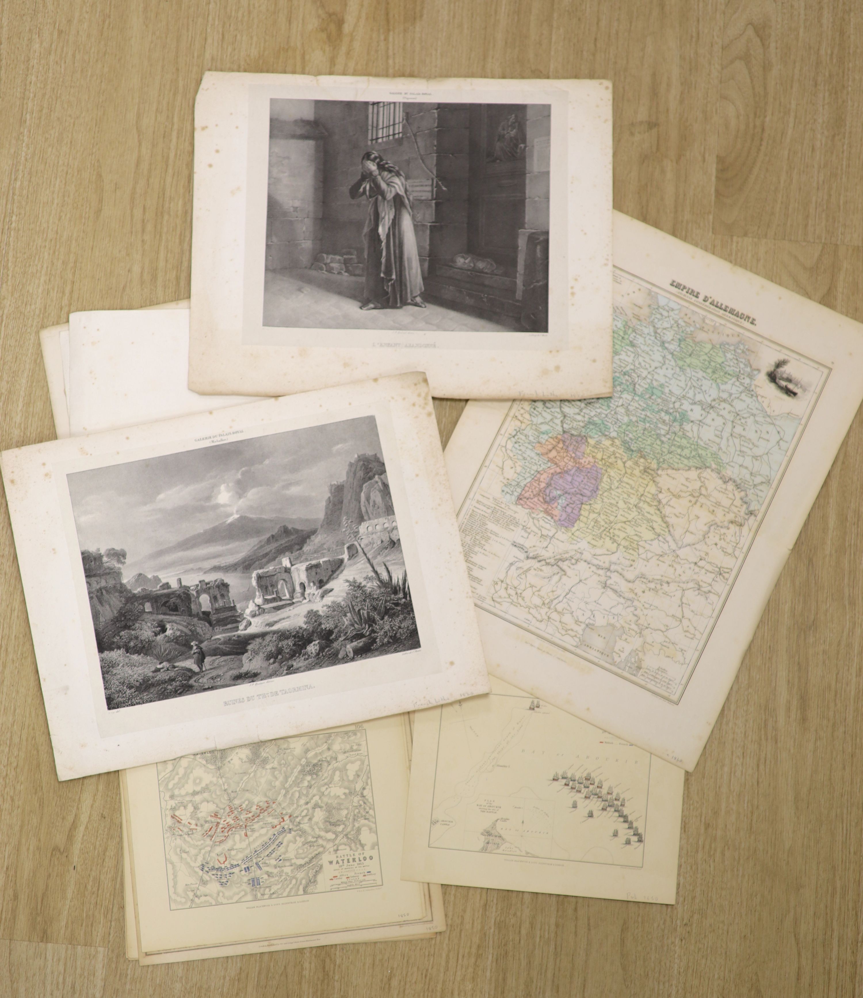 A group of assorted 19th century engravings, including topography and maps, largest 47 x 36cm, unframed